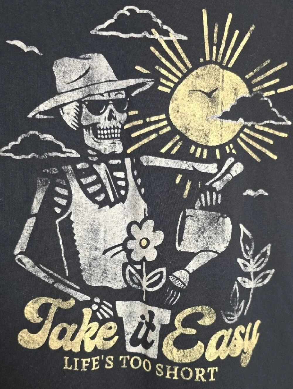 Mens L Large DOM 'Take It Easy Life's Too Short' skeleton Cotton graphic tshirt
